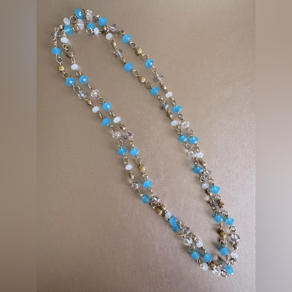 Turquoise Gold Chain Necklace Layering White Gemstone Lariat Sautoir Long Opera
